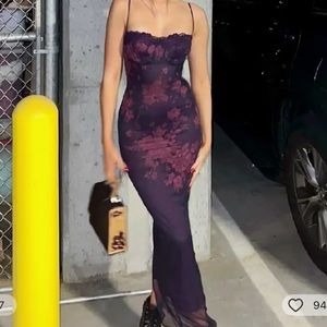 Lace Trim Print Maxi Dress